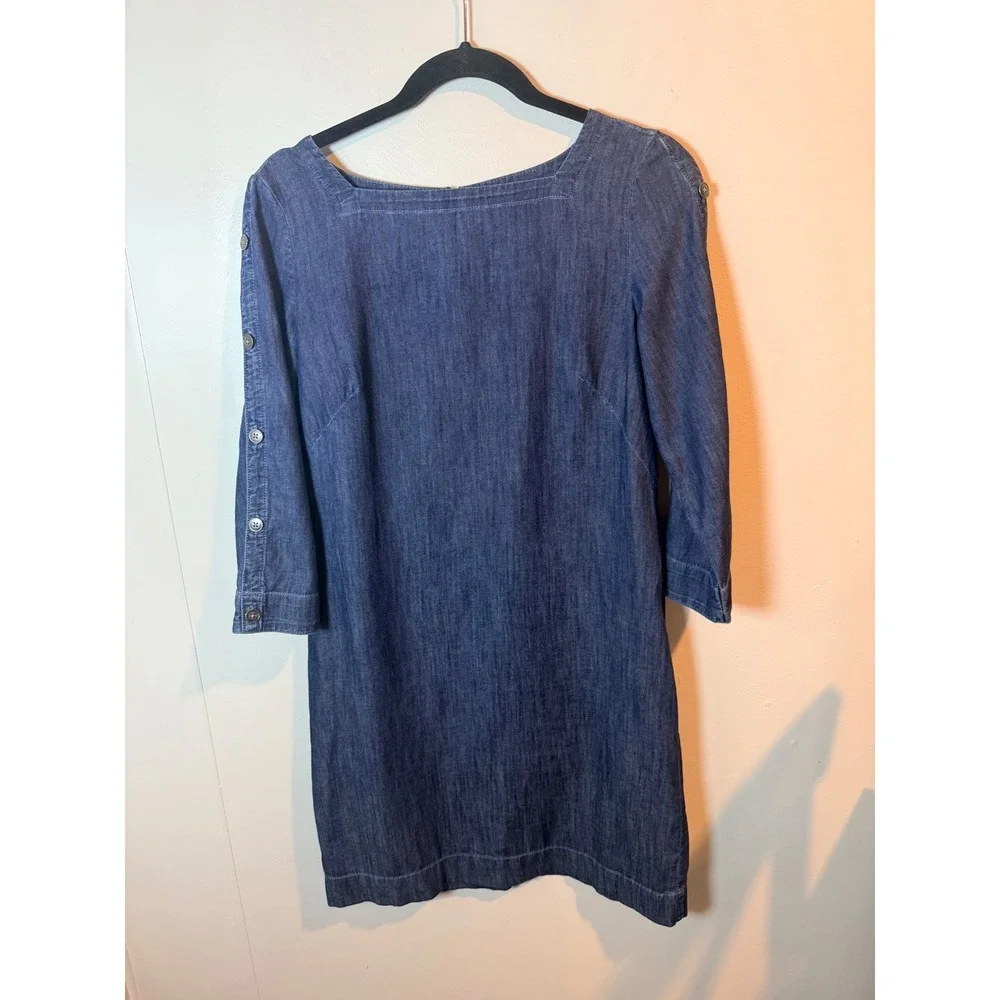 Talbots Petite Womens Blue Cotton Denim Square Neck Button Sleeve Dress 6P - Picture 2 of 9